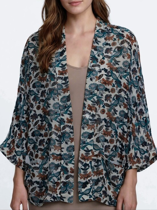 Jackets & Blazers - Womens Kimono Jacket Cardigan Medium Green Floral Blazer Light Chiffon Polyester